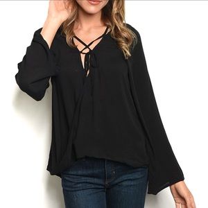 Black Long Sleeve Bell Lace Detail Tunic